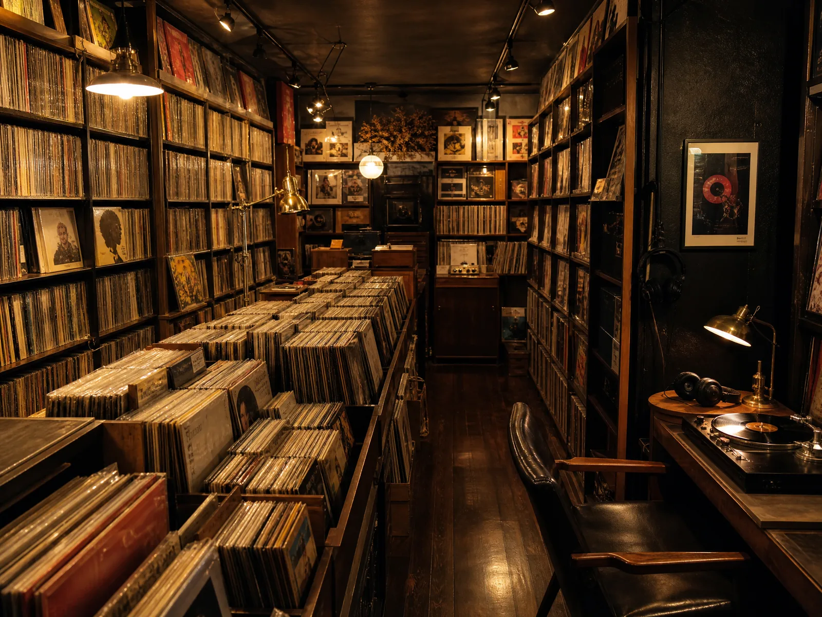 东京中古唱﻿片店内景，木质唱片箱与暖黄吊灯
